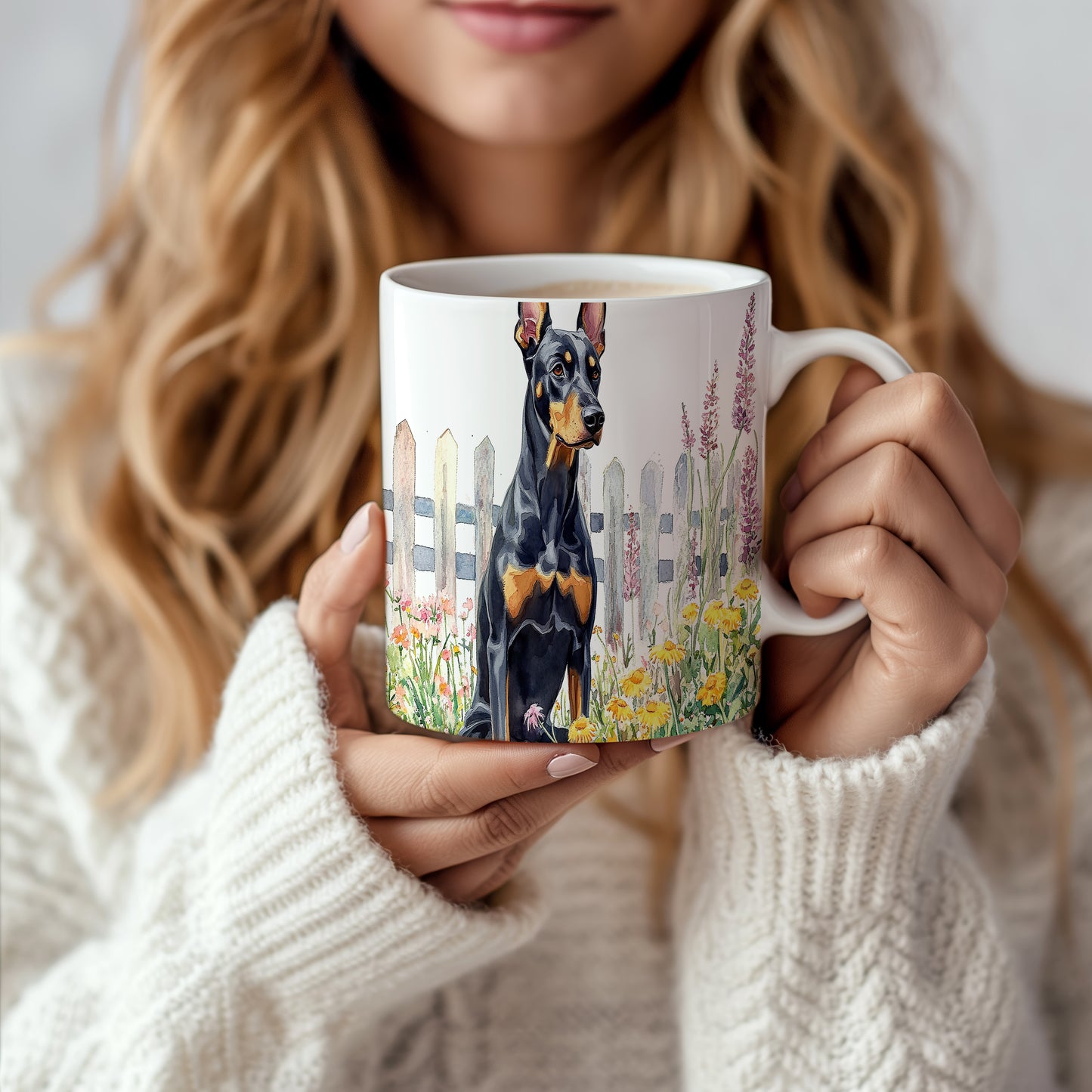 Hrnek s dobermanem v květinách