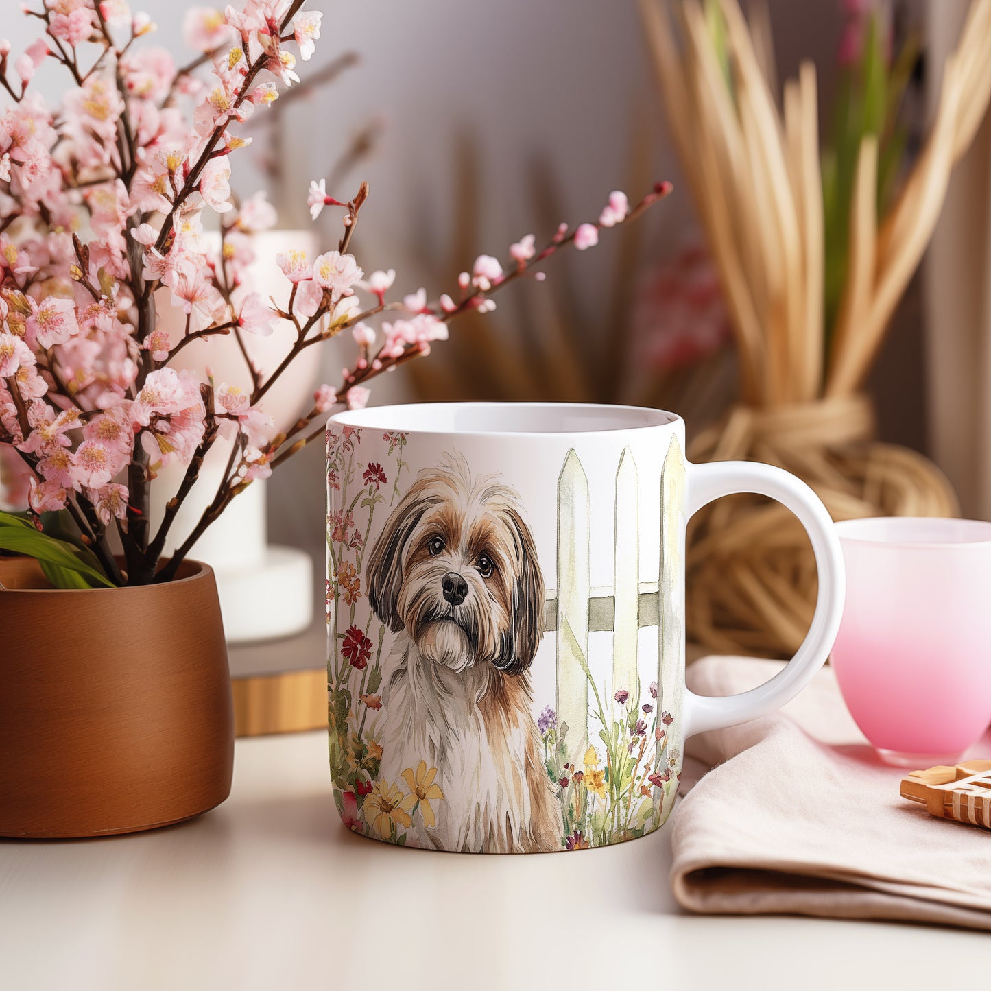 Hrnek s krásným Shih Tzu mezi květinami