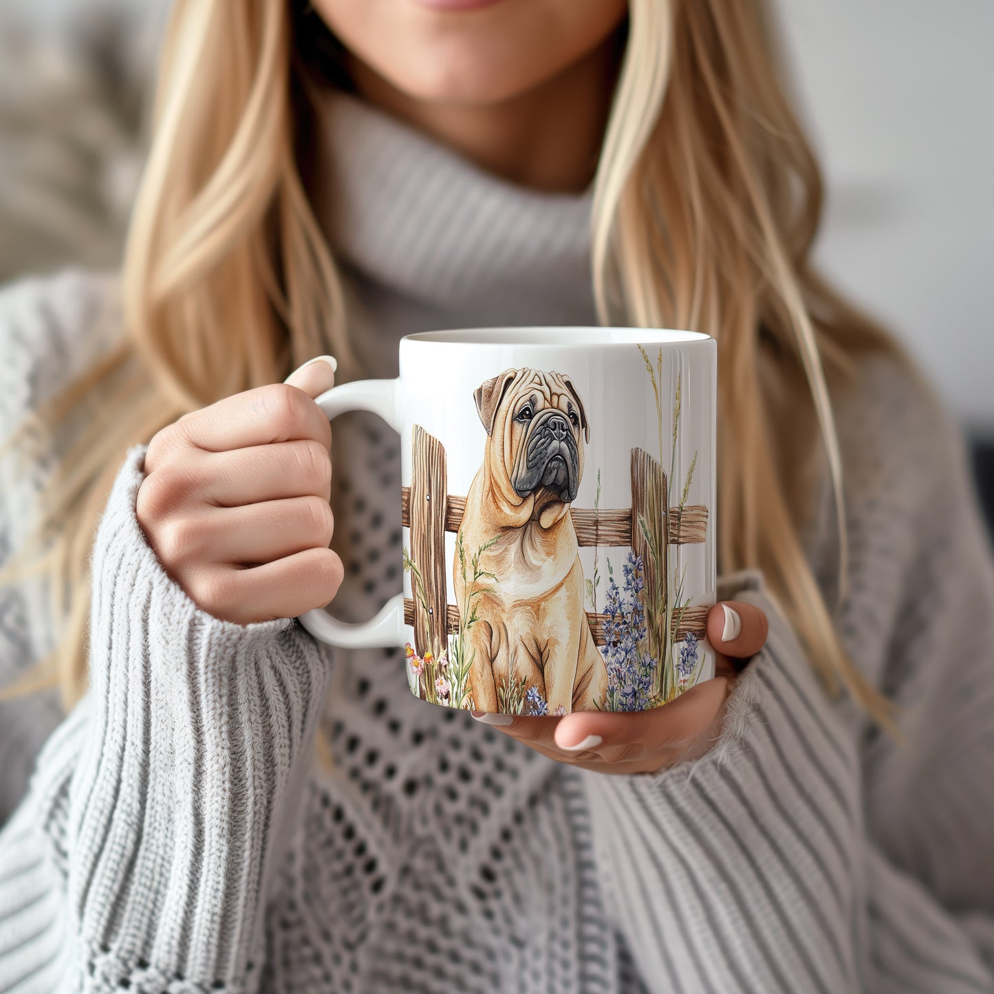 Hrnek se Shar Pei u plotu