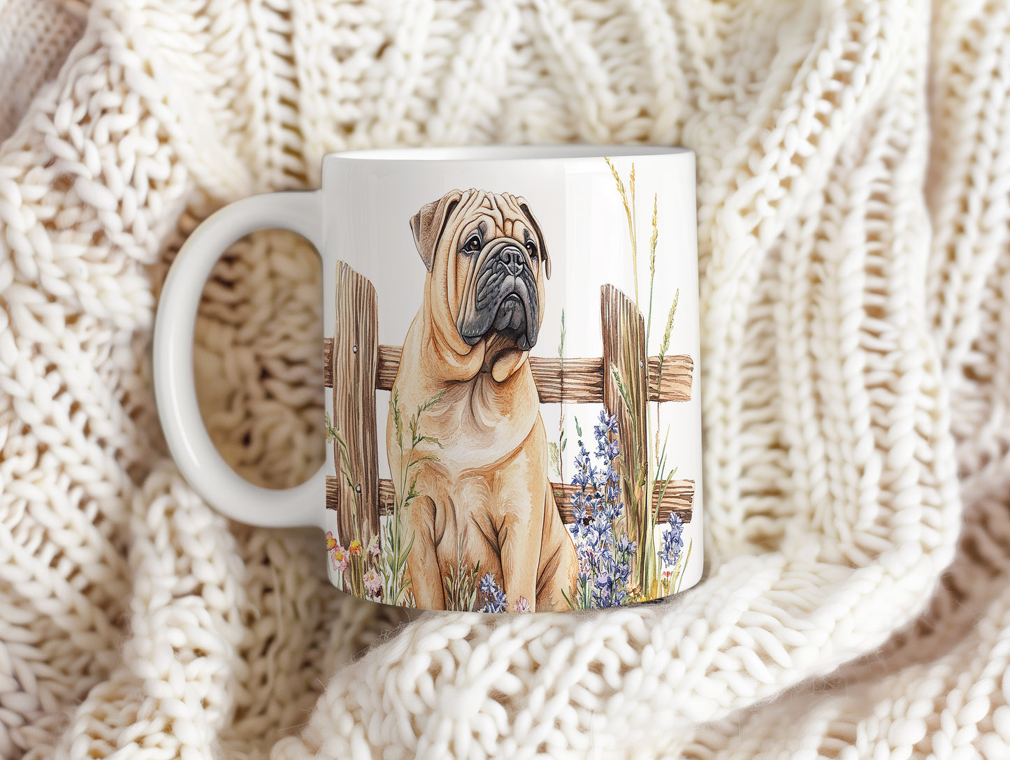 Hrnek se Shar Pei u plotu
