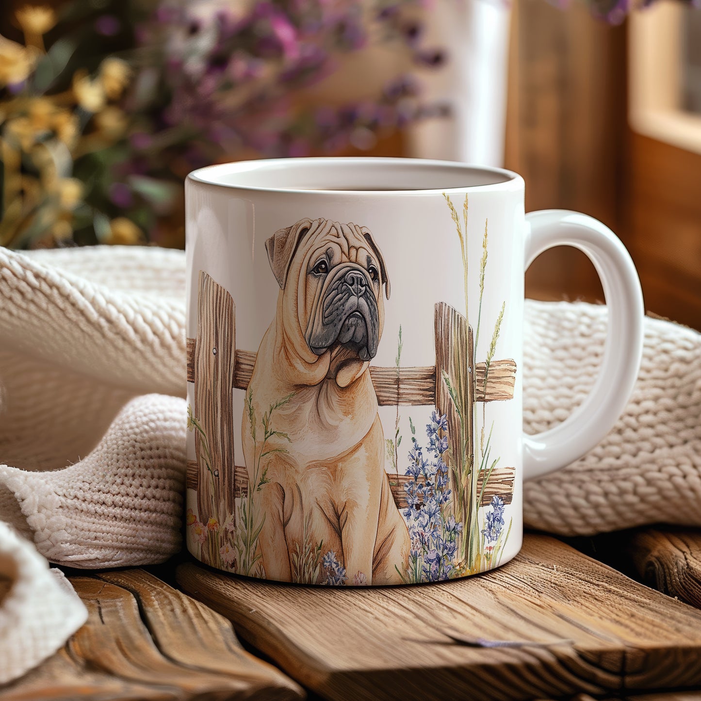 Hrnek se Shar Pei u plotu