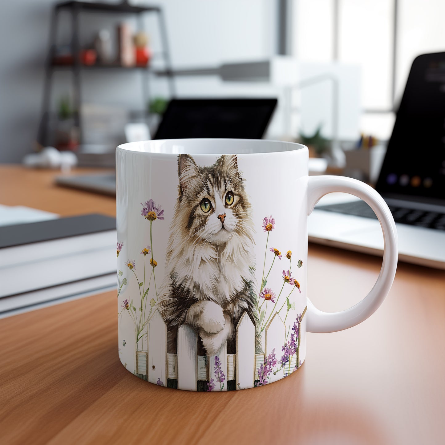 Hrnek s kočkou a květinami – výrazným designem