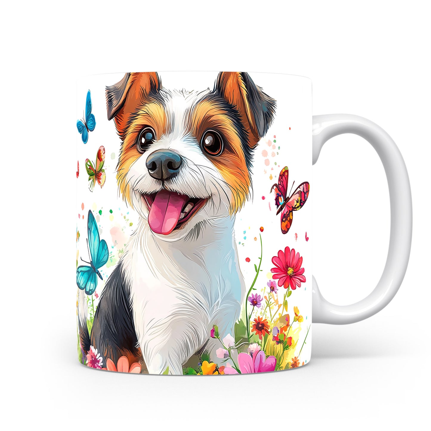 Hrnek s veselým Jack Russell teriérem a květinami v modrých tónech