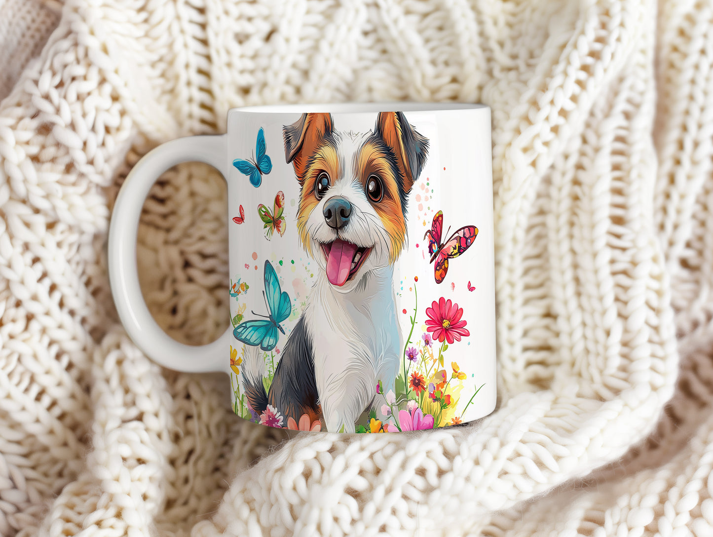 Hrnek s veselým Jack Russell teriérem a květinami v modrých tónech