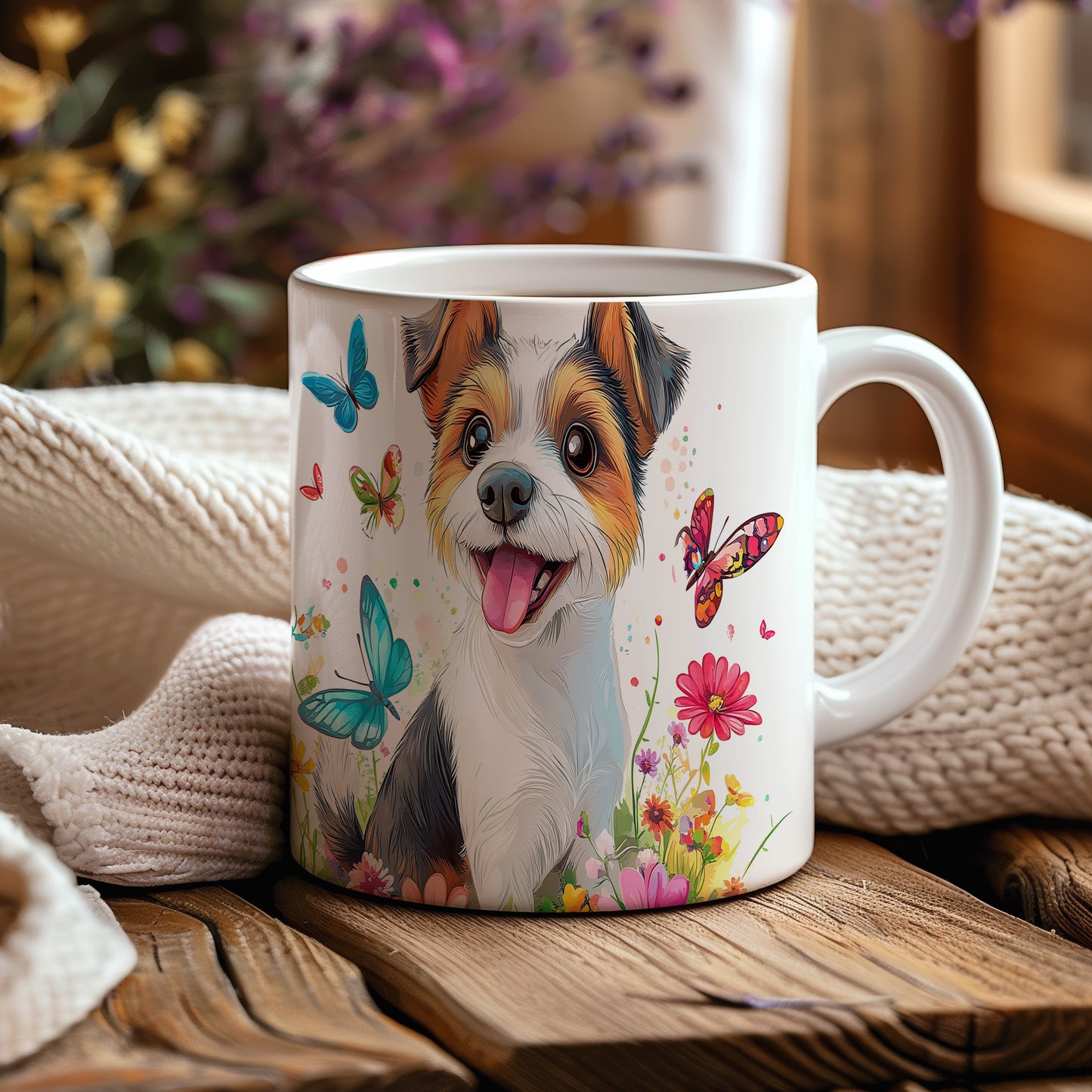 Hrnek s veselým Jack Russell teriérem a květinami v modrých tónech