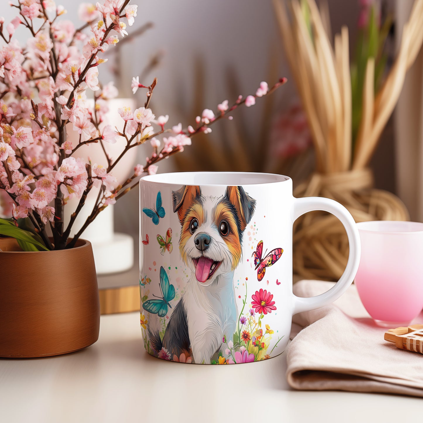 Hrnek s veselým Jack Russell teriérem a květinami v modrých tónech