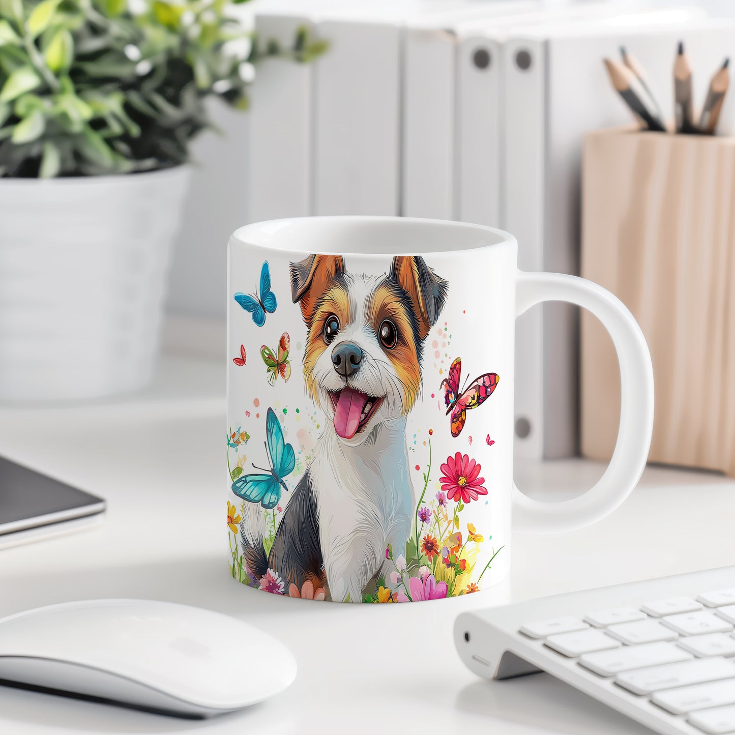 Hrnek s veselým Jack Russell teriérem a květinami v modrých tónech
