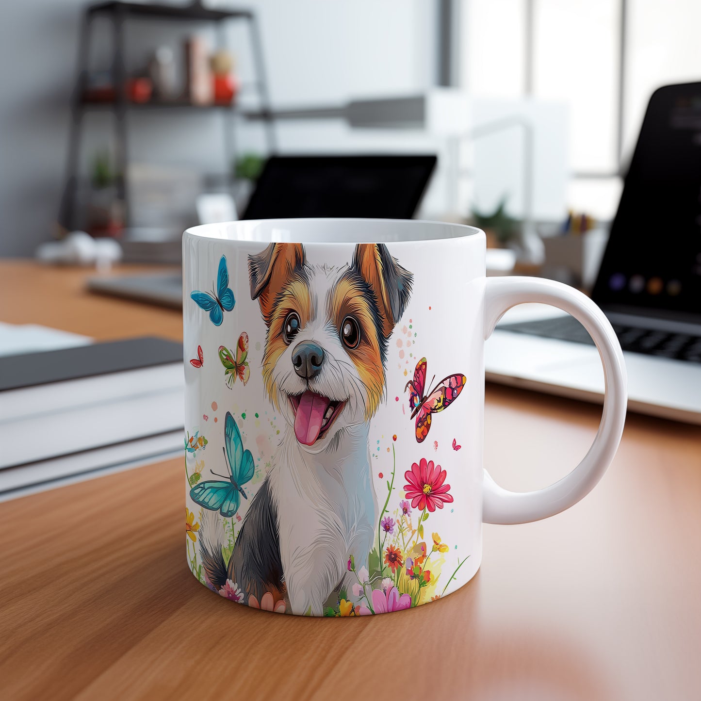Hrnek s veselým Jack Russell teriérem a květinami v modrých tónech