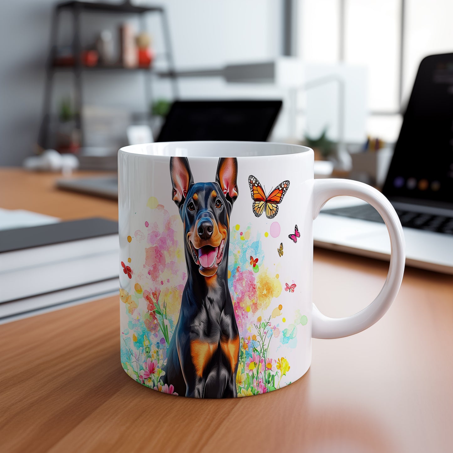 Hrnek s dobromyslným dobermanem – černým akcentem