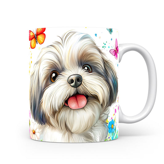 Hrnek s roztomilým shih tzu a květinami v veselých tónech