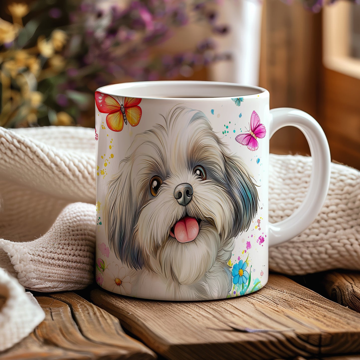Hrnek s roztomilým shih tzu a květinami v veselých tónech