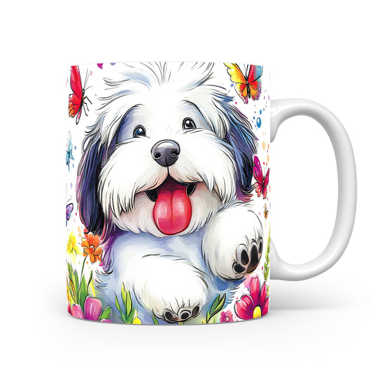 Hrnek s veselým pejskem Lhasa Apso a květinami v růžových tónech