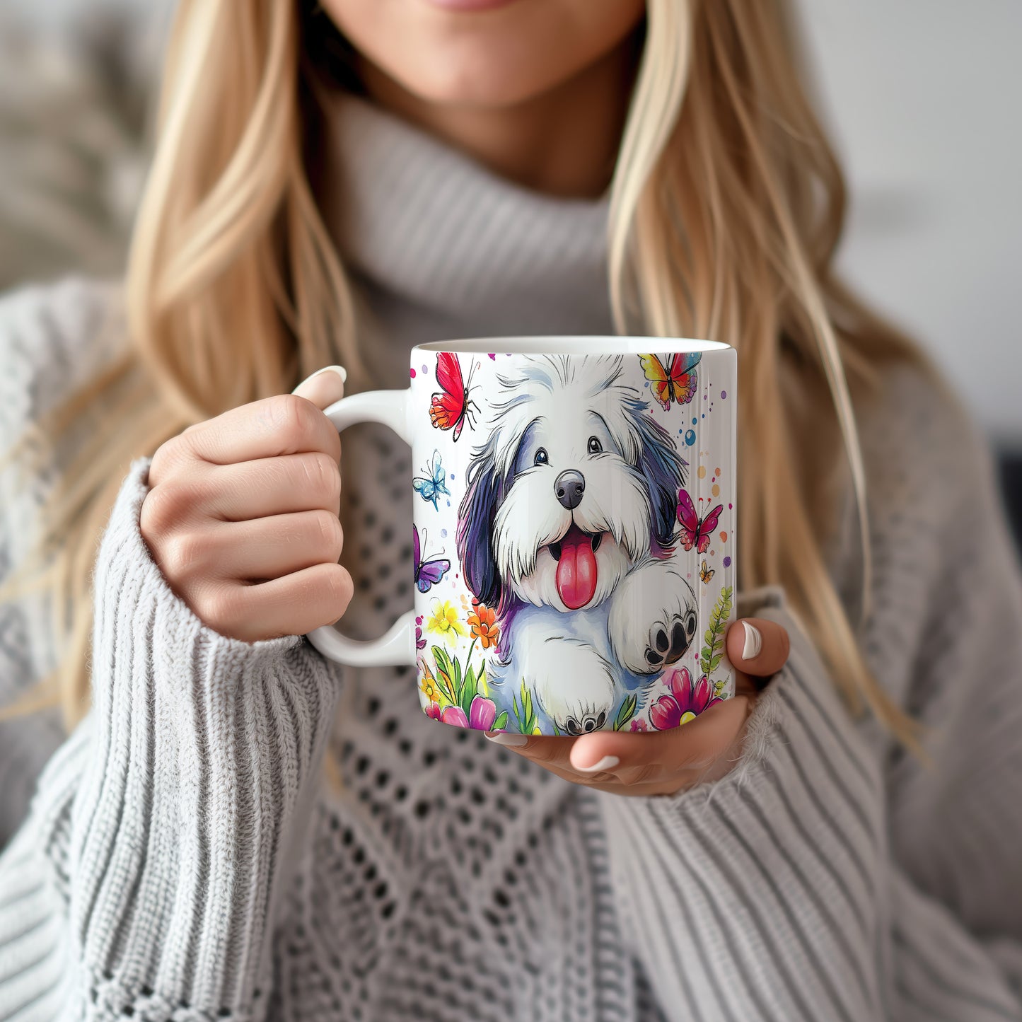 Hrnek s veselým pejskem Lhasa Apso a květinami v růžových tónech
