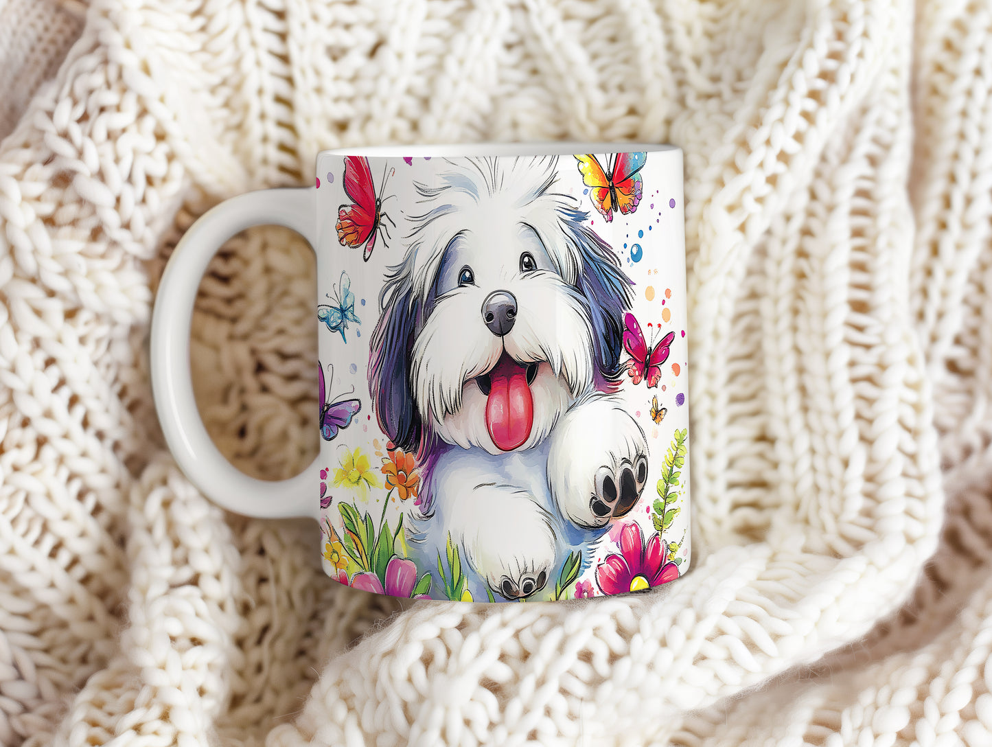 Hrnek s veselým pejskem Lhasa Apso a květinami v růžových tónech