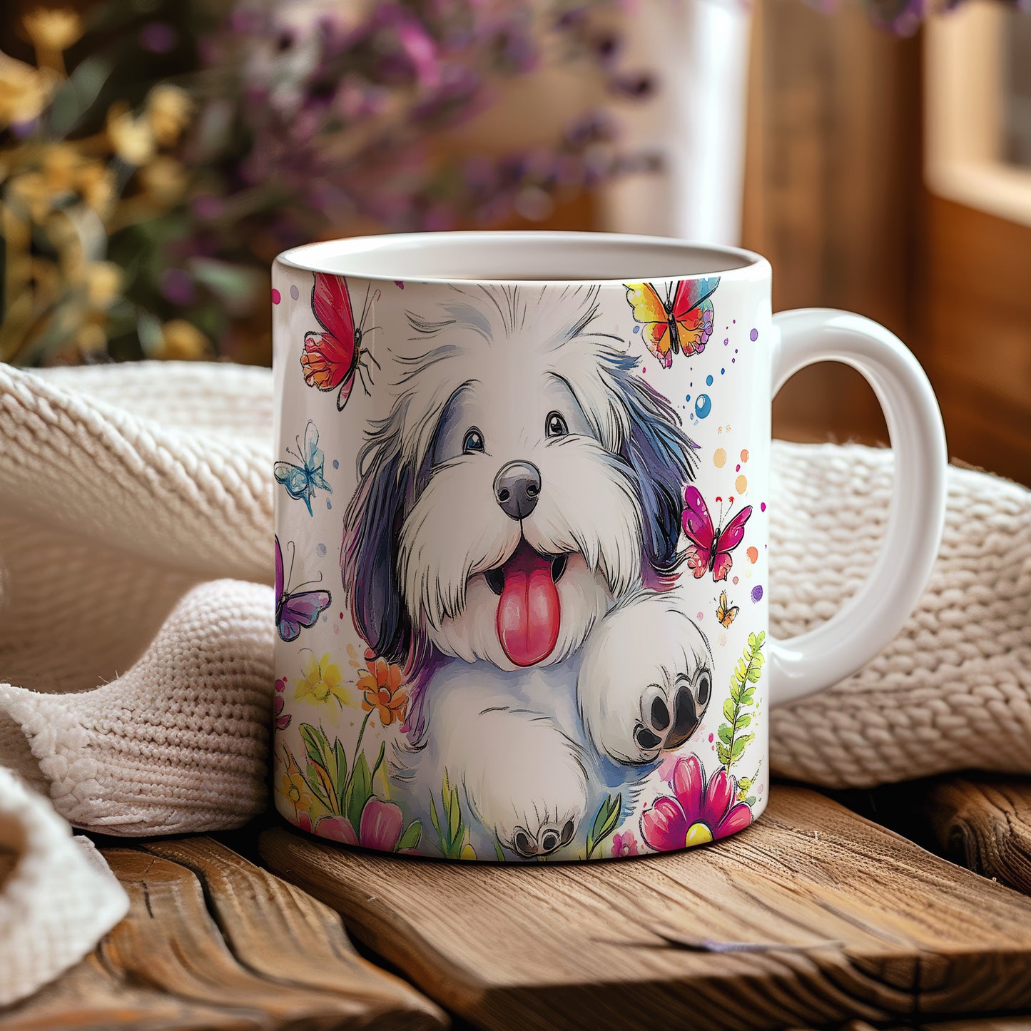 Hrnek s veselým pejskem Lhasa Apso a květinami v růžových tónech