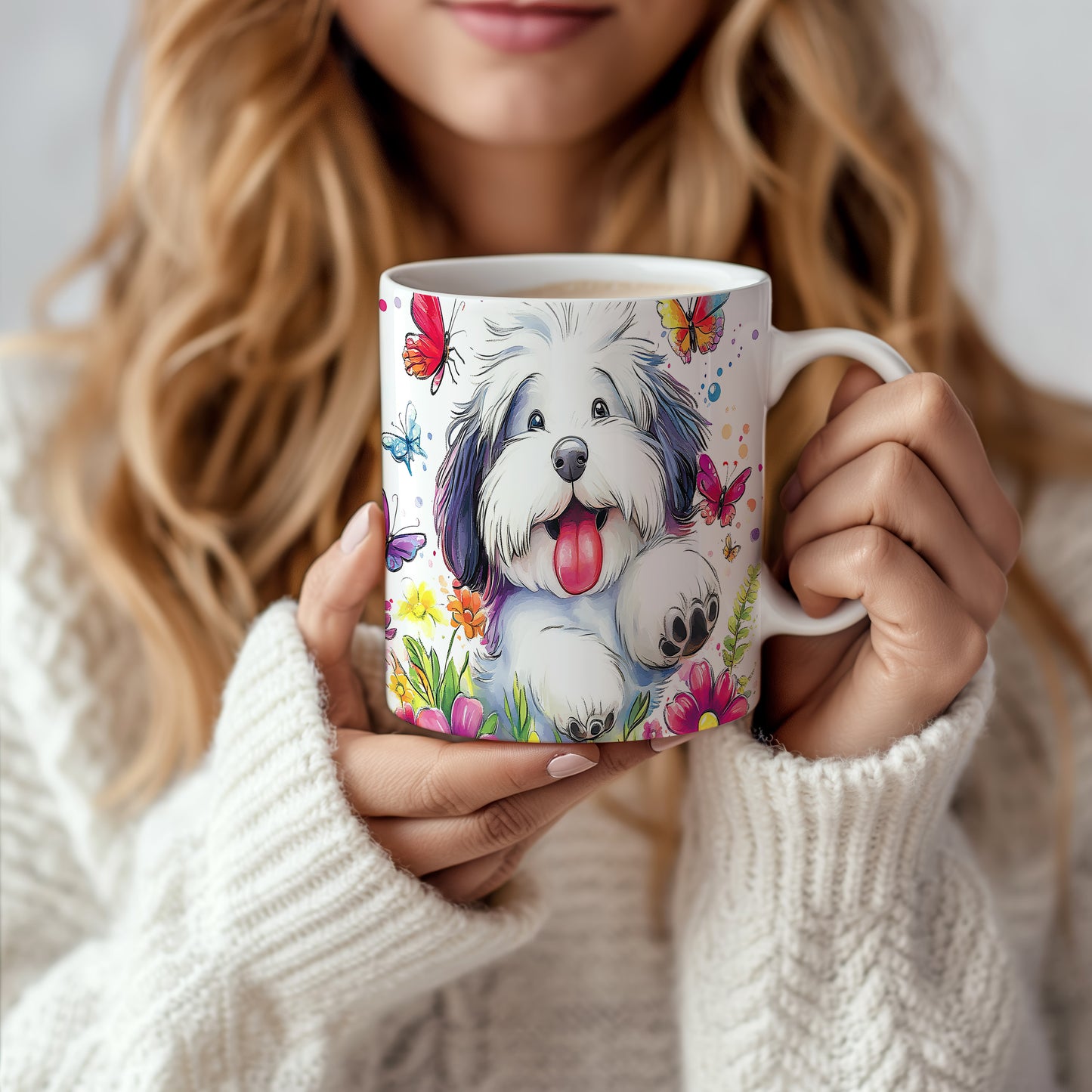 Hrnek s veselým pejskem Lhasa Apso a květinami v růžových tónech
