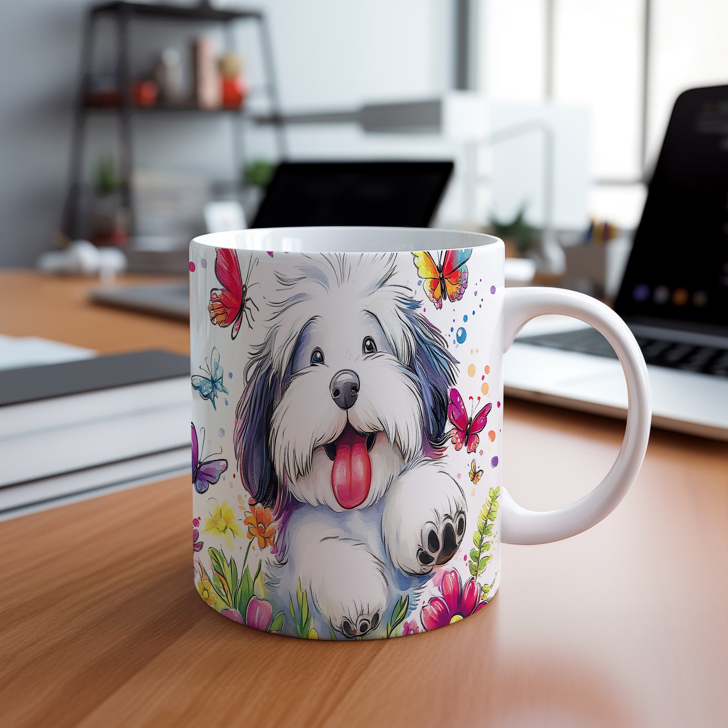 Hrnek s veselým pejskem Lhasa Apso a květinami v růžových tónech