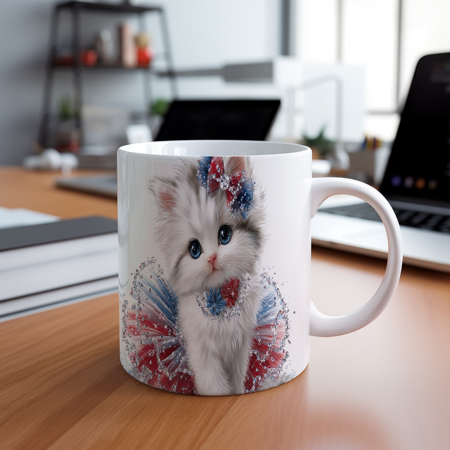 Hrnek s roztomilým kotětem v šatech a 3D efektem