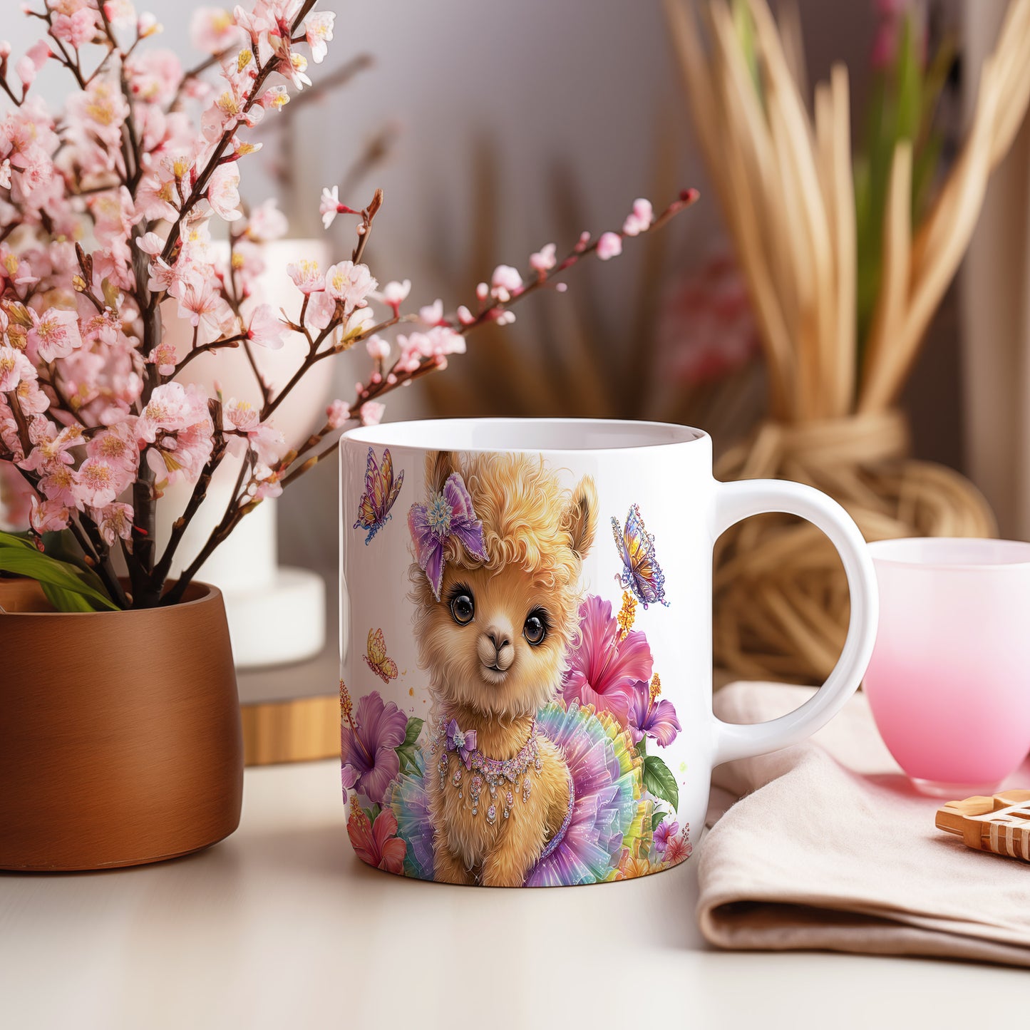 Hrnek s roztomilou alpacakou mezi květinami