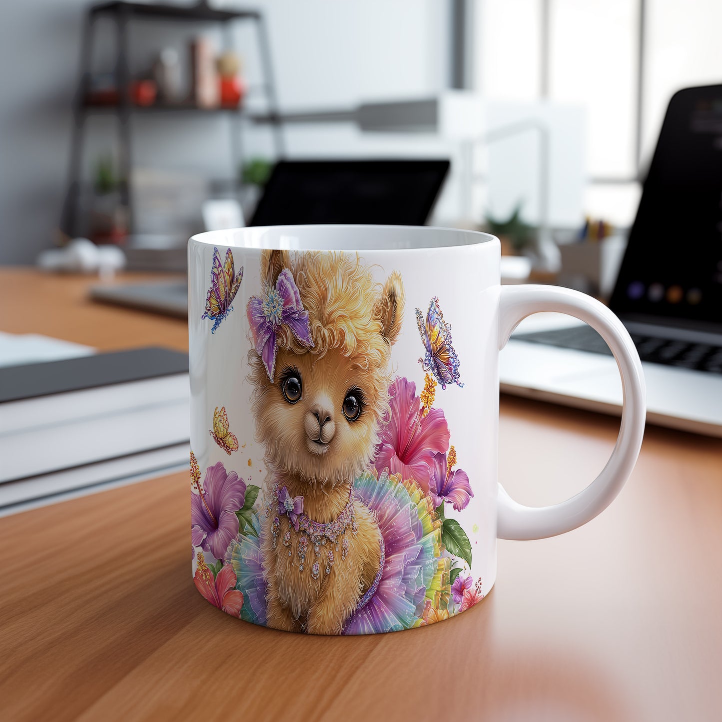 Hrnek s roztomilou alpacakou mezi květinami