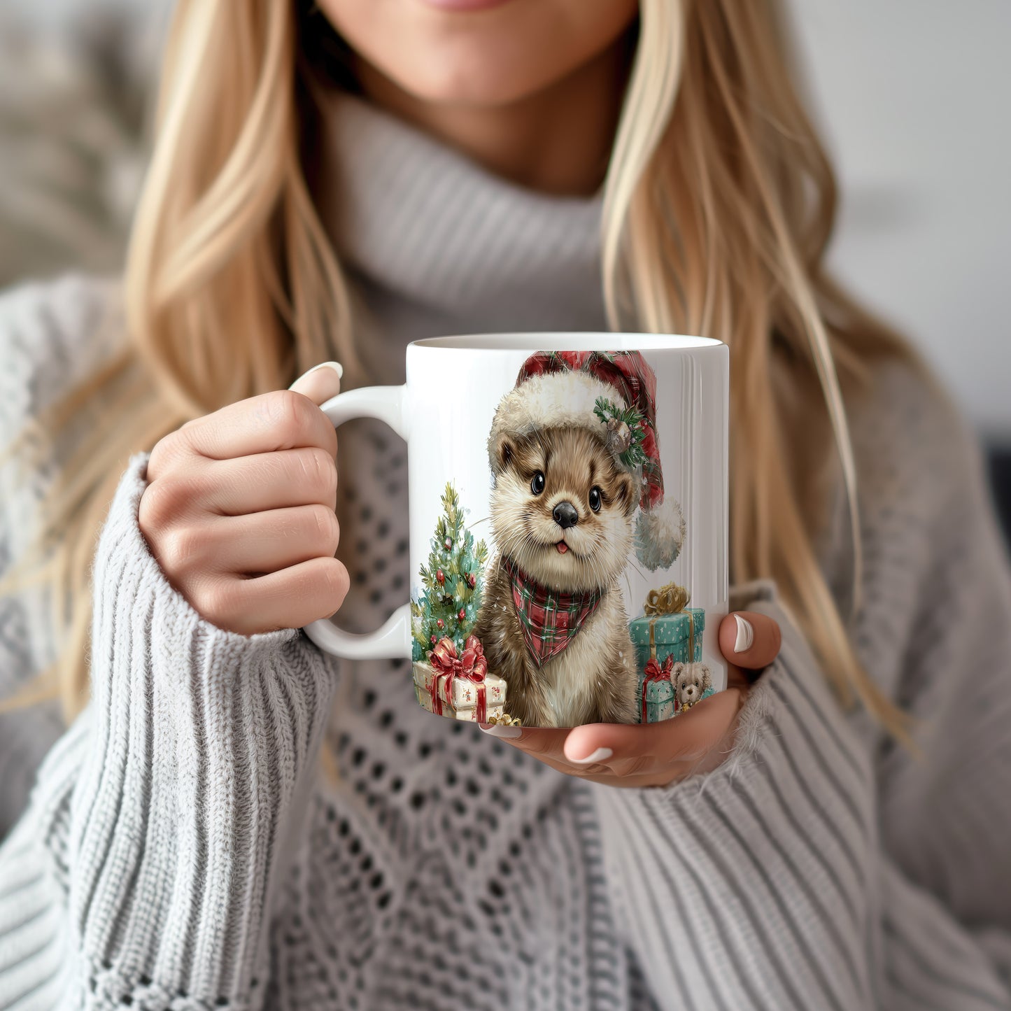 Hrnek s roztomilým bobrem v Santa klobouku
