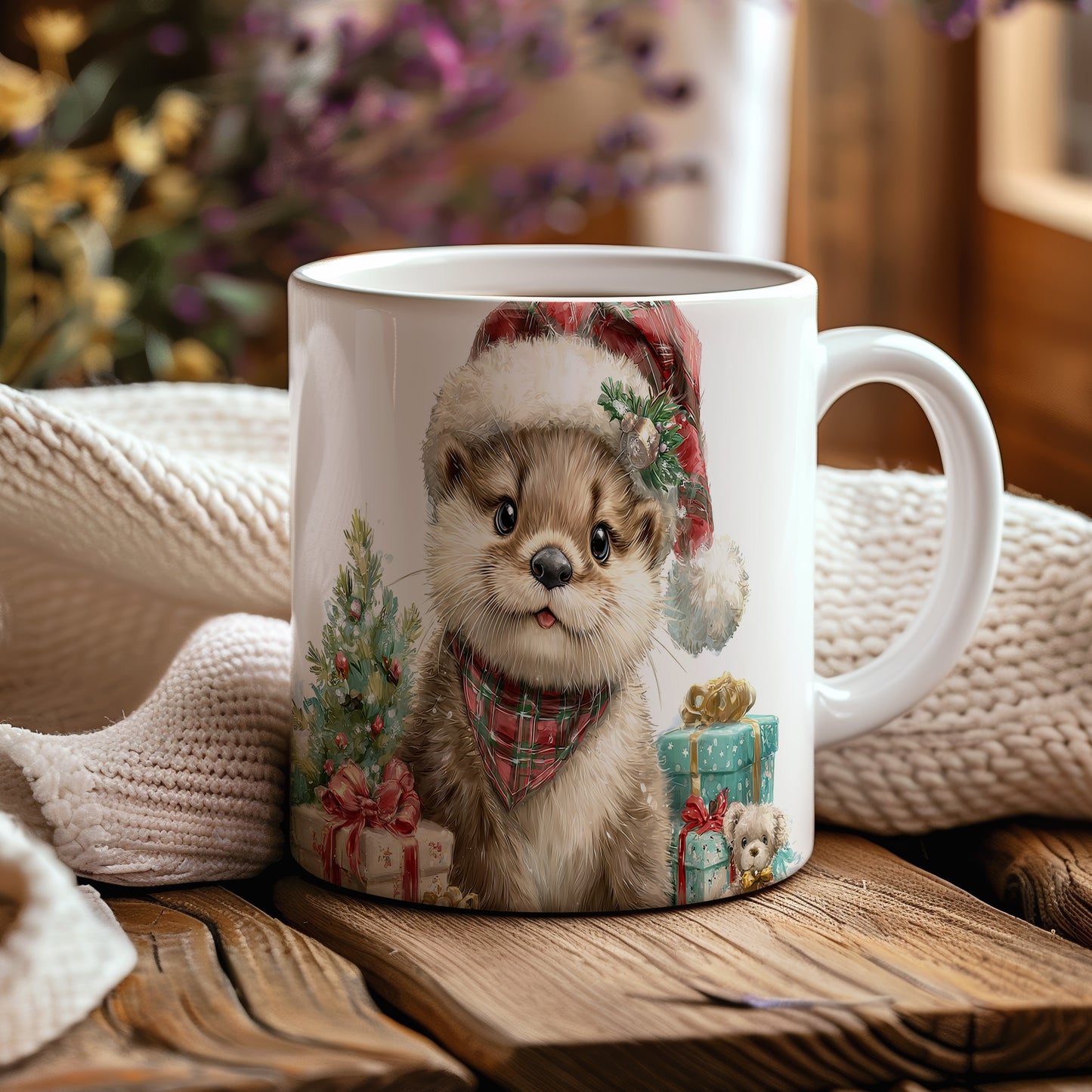 Hrnek s roztomilým bobrem v Santa klobouku