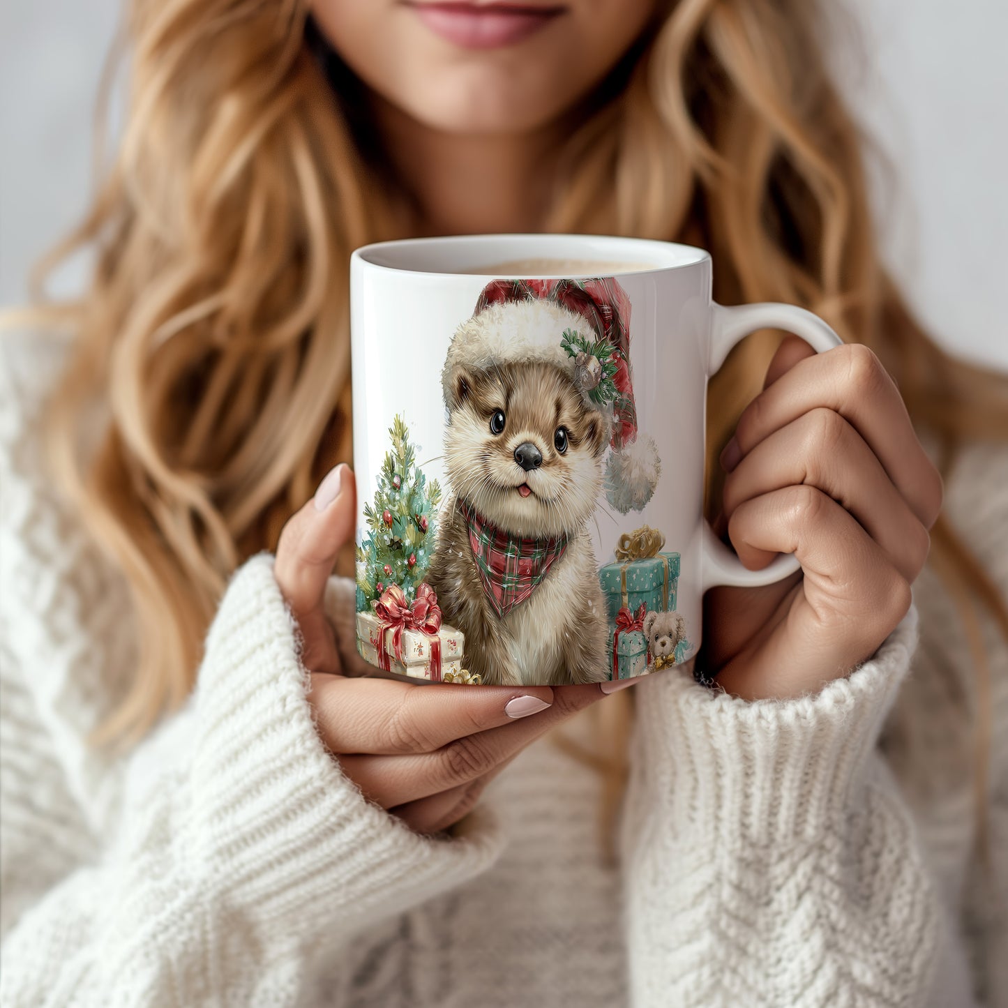 Hrnek s roztomilým bobrem v Santa klobouku