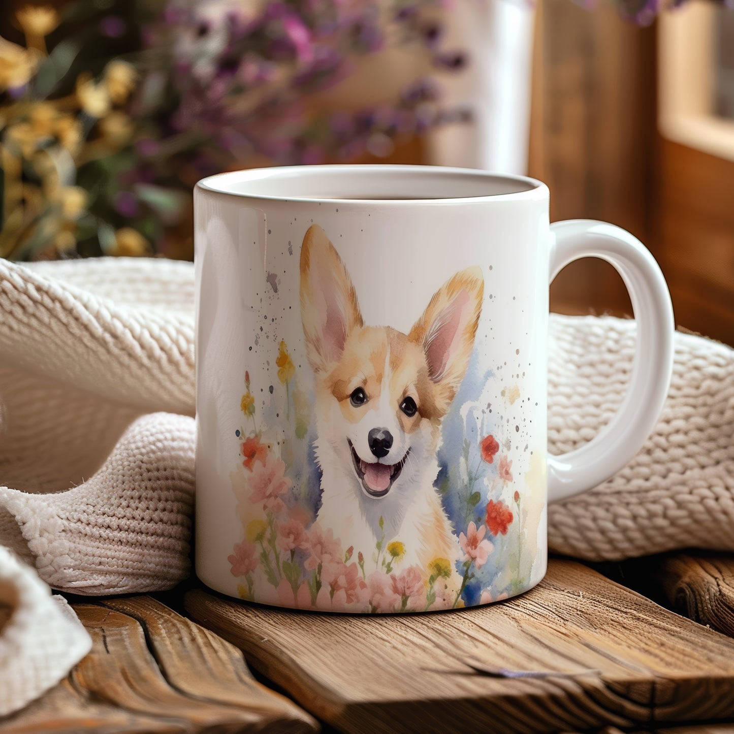 Hrnek s roztomilým corgi s květinovým vzorem