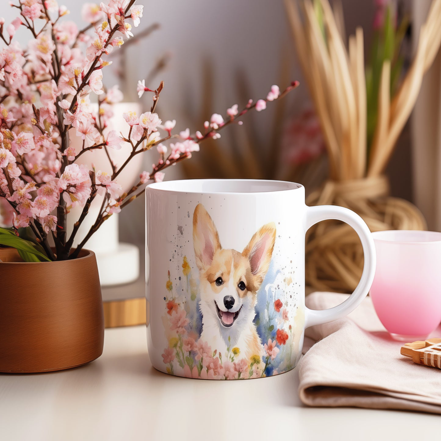 Hrnek s roztomilým corgi s květinovým vzorem