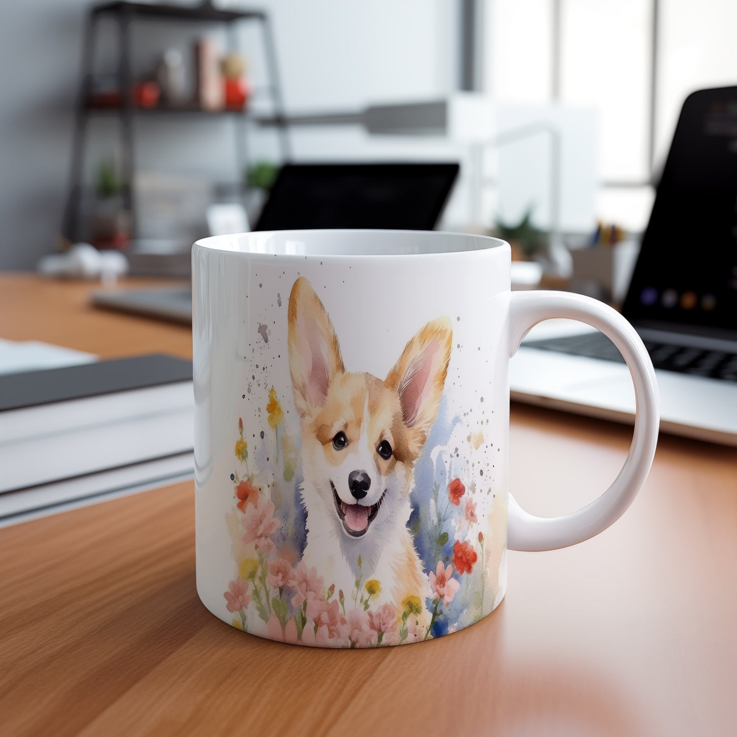 Hrnek s roztomilým corgi s květinovým vzorem