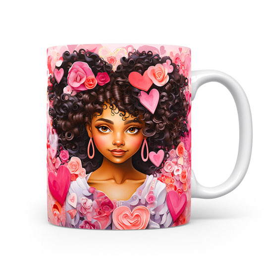 Hrnek s afro dívkou a romantickými srdci