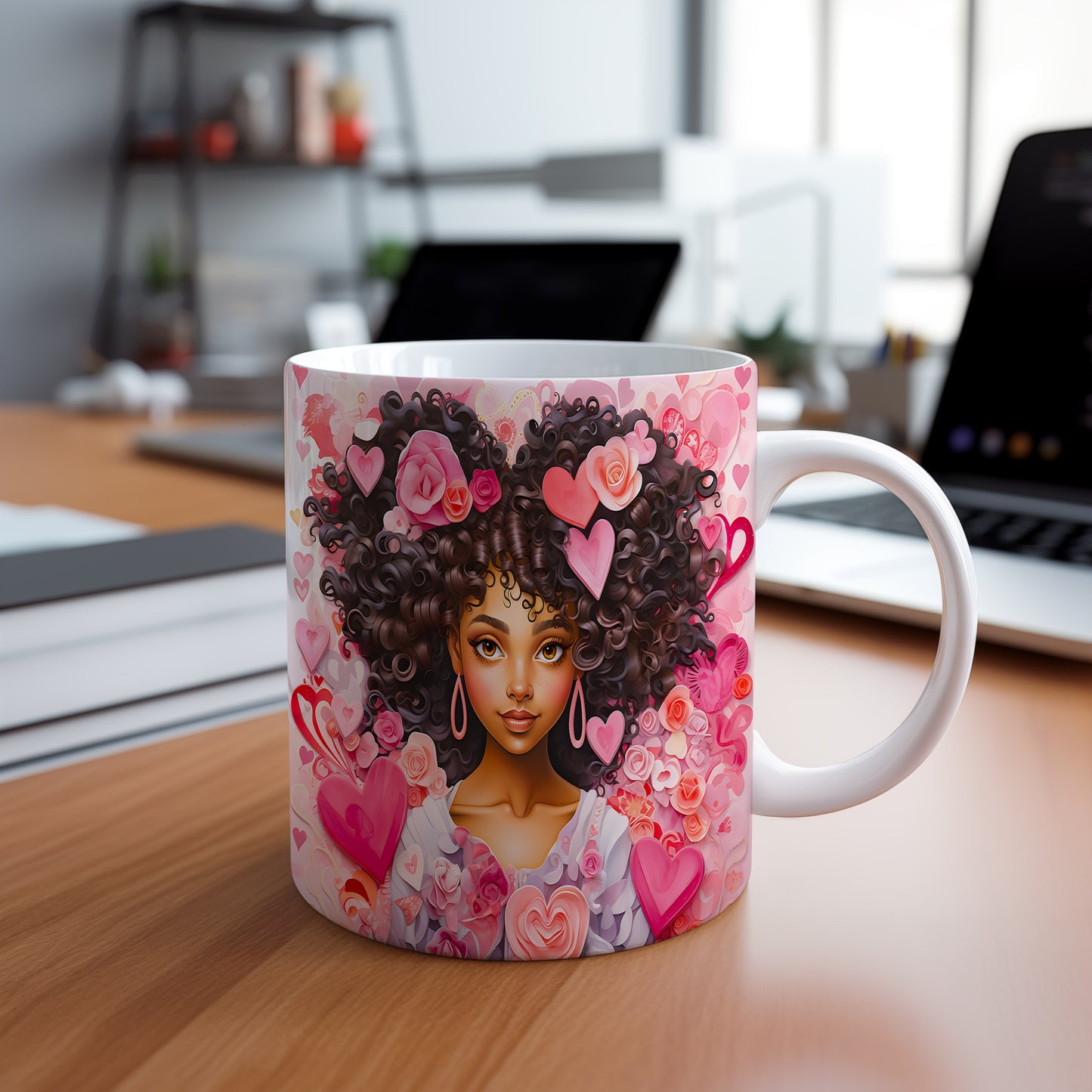 Hrnek s afro dívkou a romantickými srdci