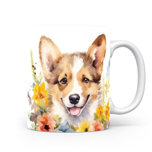 Hrnek s roztomilým corgi s květinovým motivem