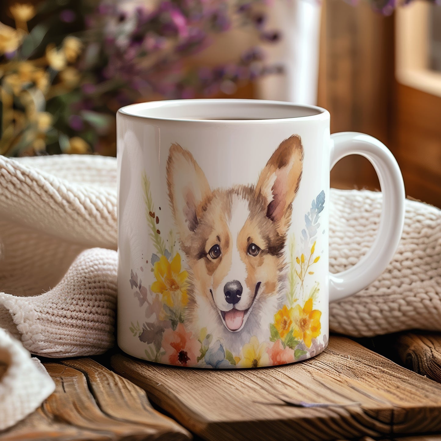 Hrnek s roztomilým corgi s květinovým motivem