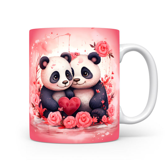 Hrnek s pandami a růžovým srdcem pro romantické chvíle