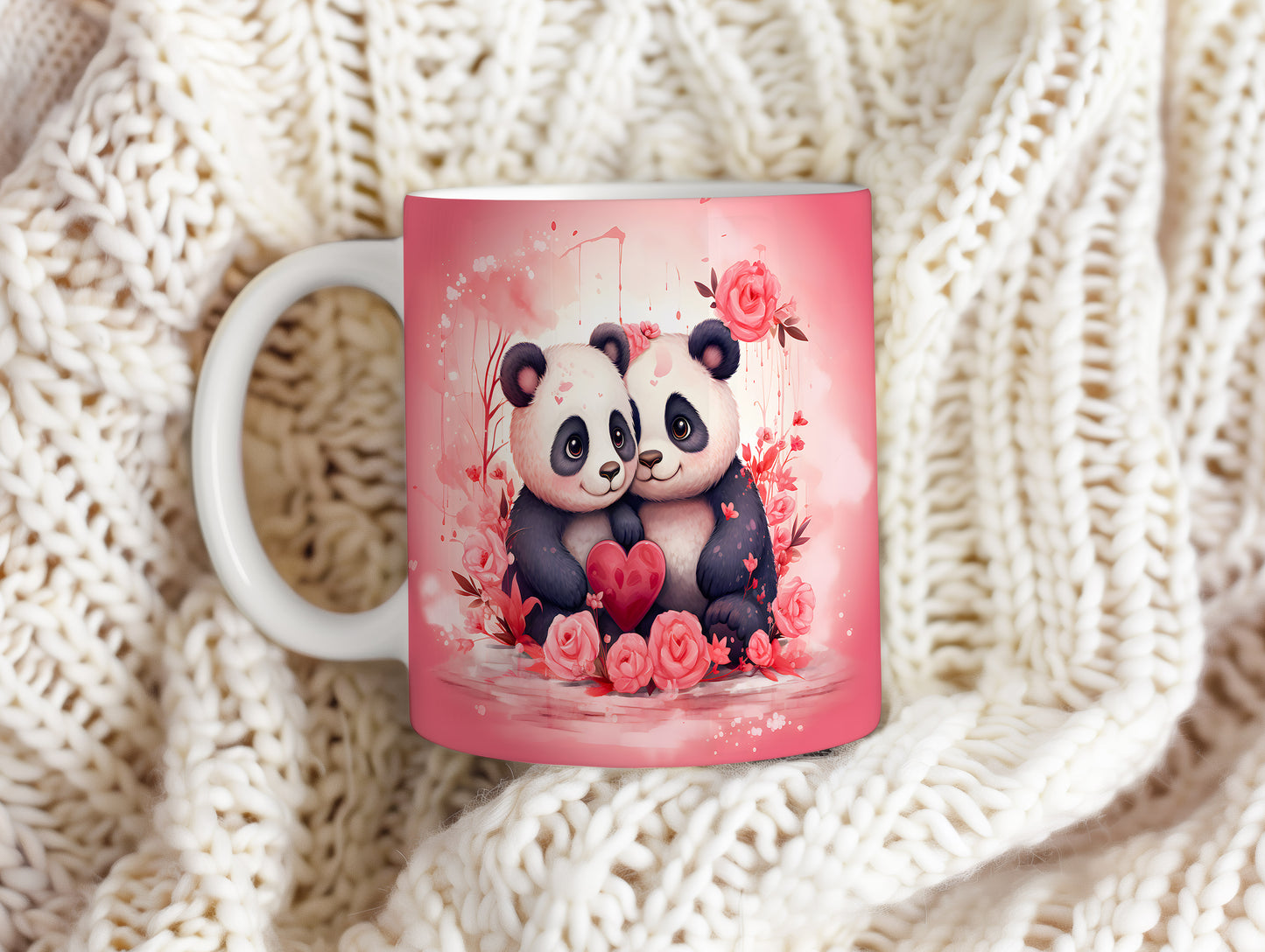 Hrnek s pandami a růžovým srdcem pro romantické chvíle