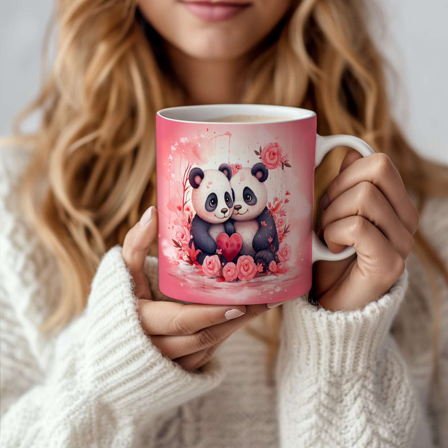 Hrnek s pandami a růžovým srdcem pro romantické chvíle