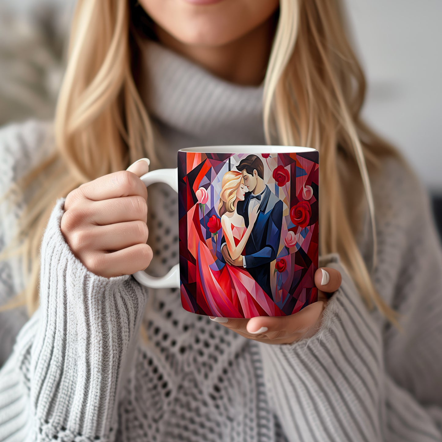 Hrnek s romantickým motivem dvojice a růžemi