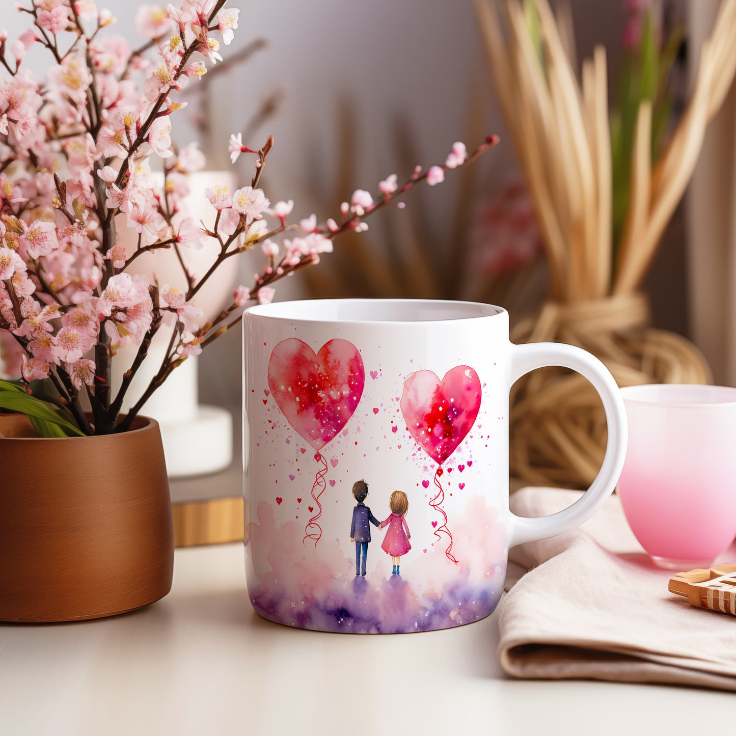 Hrnek s romantickým motivem balónků ve tvaru srdce