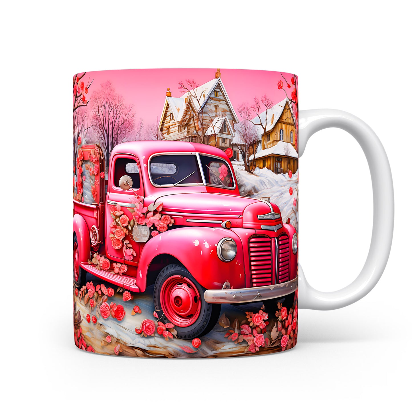 Hrnek s růžovým vintage autem a zimní krajinou