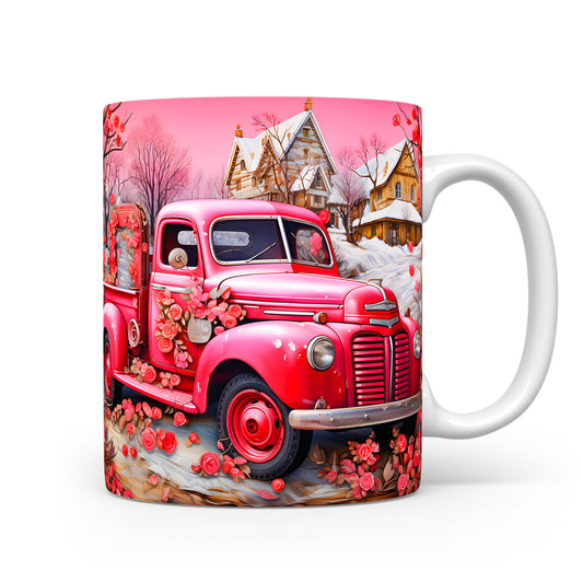 Hrnek s růžovým vintage autem a zimní krajinou