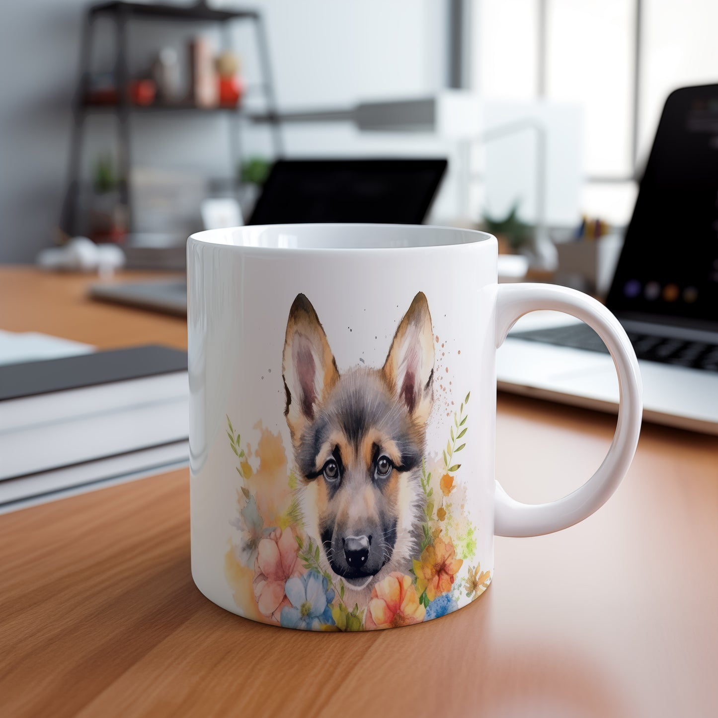 Hrnek s německým ovčákem a květinami – výrazným designem