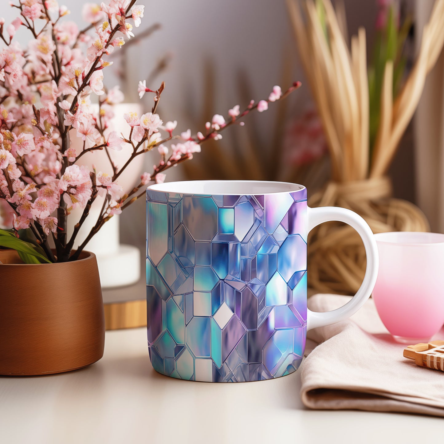Hrnek s krystalickou mozaikou v modrých a fialových tónech – 3D efektem