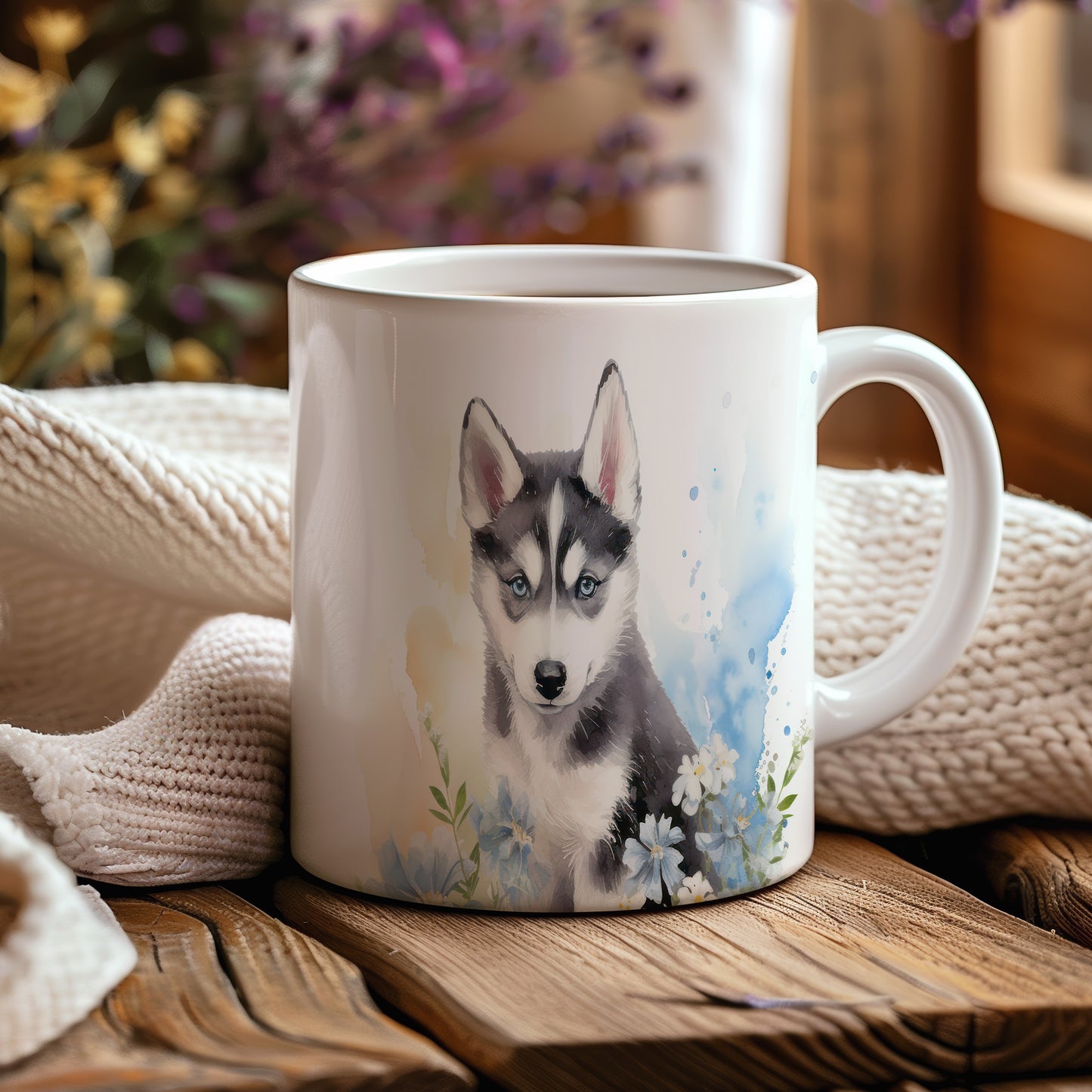 Hrnek s roztomilým husky štěnětem