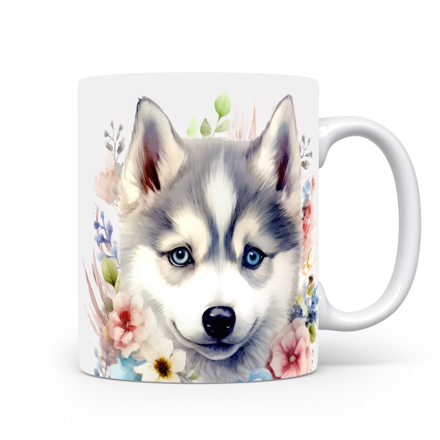 Hrnek s huskym a květinami