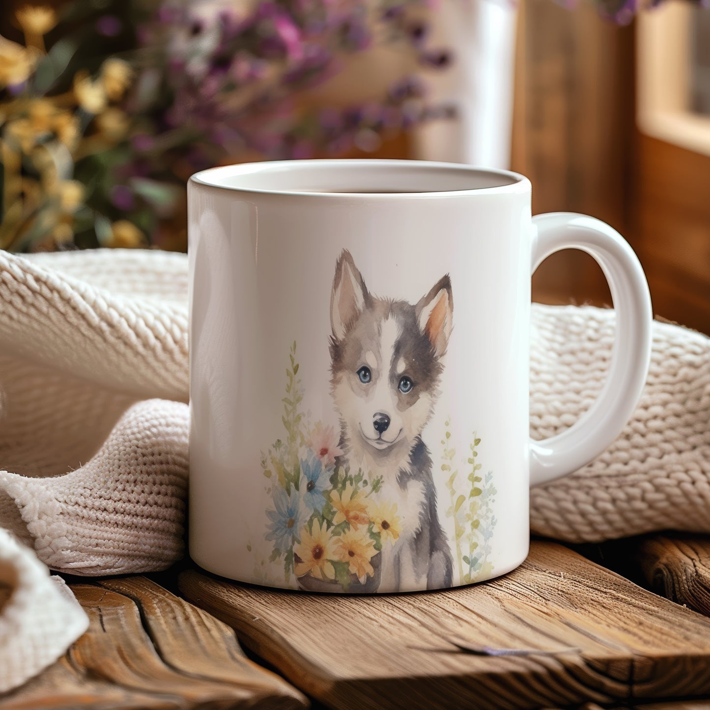 Hrnek s roztomilým štěnětem husky