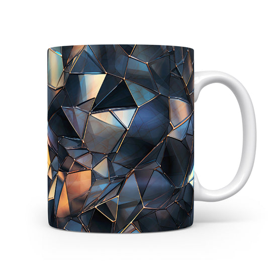 Hrnek s krystalickou geometrií v modrých a zlatých tónech a 3D efektem