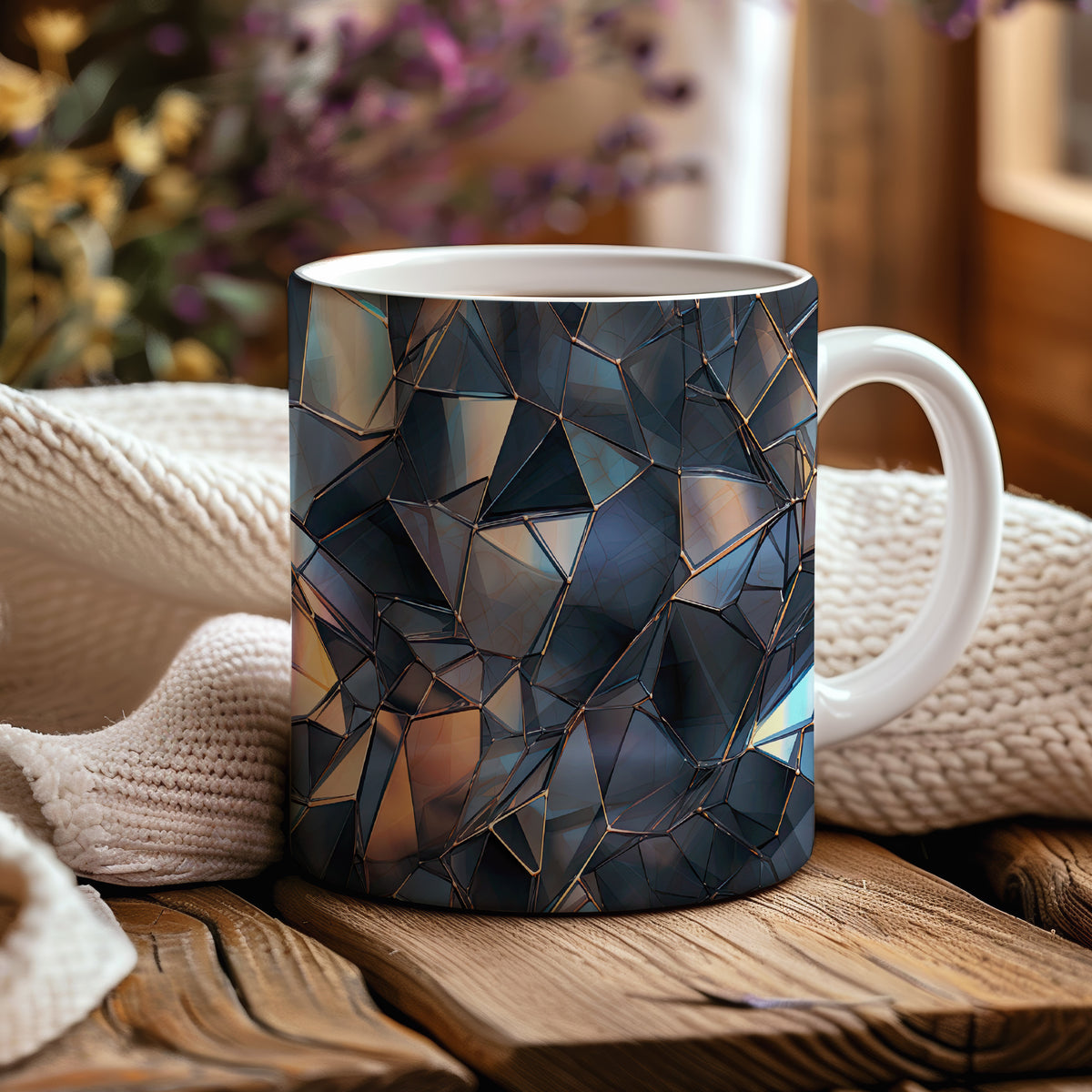 Hrnek s krystalickou geometrií v modrých a zlatých tónech a 3D efektem