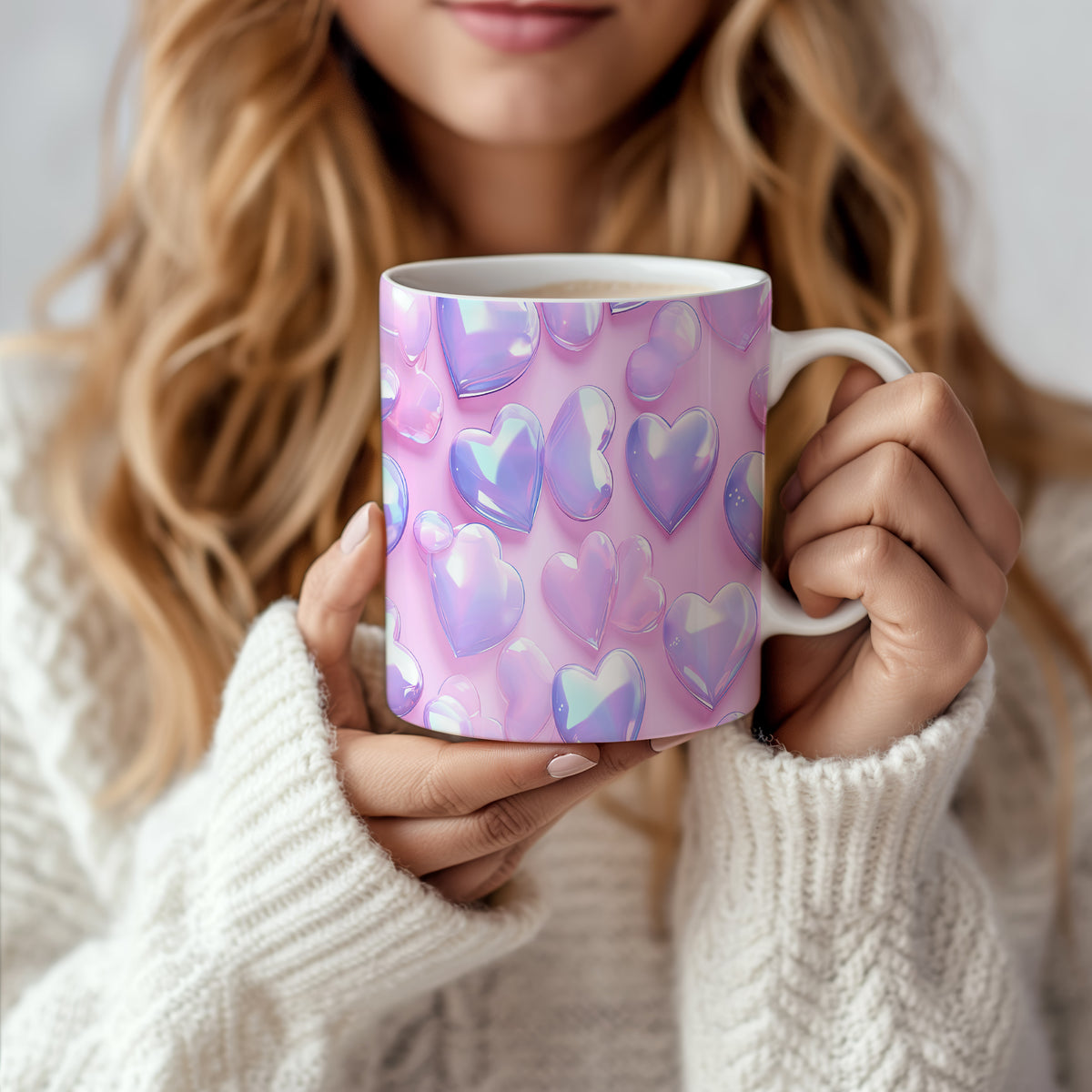 Hrnek s krystalickými srdci v růžových a fialových tónech