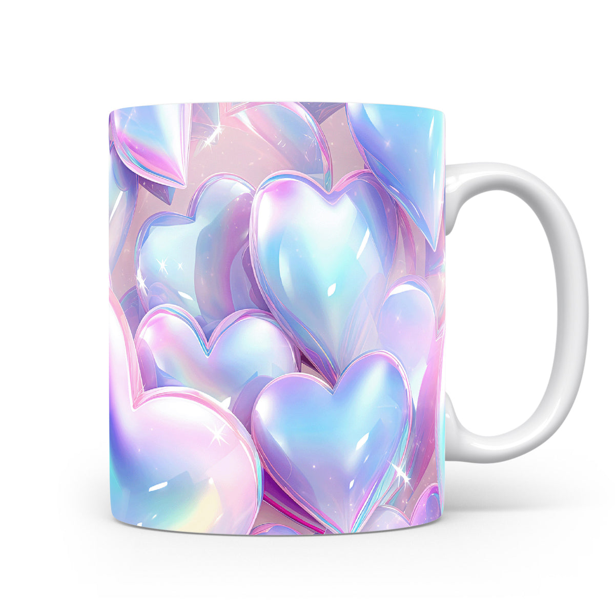Hrnek s lesklými srdci v pastelových barvách